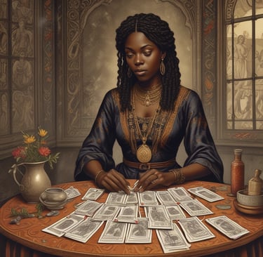 A client and reader sharing a warm, attentive moment during a tarot session.