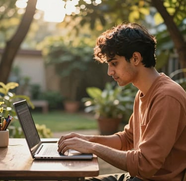 A cinematic, candid shot of a young software developer and M.Tech student working on a laptop in a sun-drenched outdoor garden. Warm, golden hour lighting filters through the trees. The palette includes soft sand #F7F4E9 and hints of terracotta #D1A689 in the clothing and surroundings.