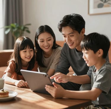 An authentic and warm interaction showing the developer explaining a project on a tablet to a smiling family. The environment is a cozy, modern living room flooded with soft, natural sunlight. Style is cinematic and lifestyle-oriented, using charcoal #3A3B3C and deep terracotta #8C5845 in the interior decor.