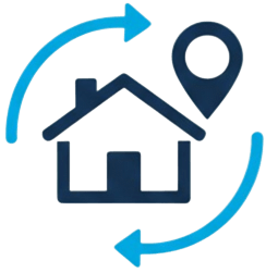 Icône maison avec localisation et flèches illustrant un électricien local disponible pour une intervention rapide