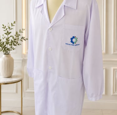 Professional white lab coat with Fuel Salt Tech Laboratory logo on a mannequin.