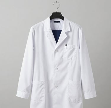 Professional white lab coat for doctors and medical staff hanging on a hanger against a gray background.