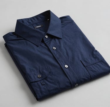 Folded navy blue long-sleeve button-down men's shirt with chest pockets on a grey background.