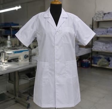 Professional long-sleeved white lab coat for doctors and scientists hanging on a black hanger.