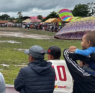 A crowd of spectators watches an outdoor event at a muddy sports field under a cloudy sky.