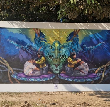 A colorful outdoor mural featuring indigenous shamans, ,jaguar imagery, and blue rainforest scenery.