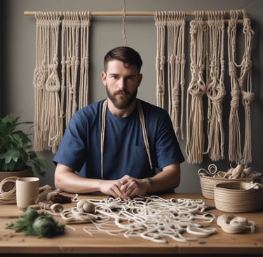 Artesano barbado creando macramé hecho a mano en una mesa de madera.