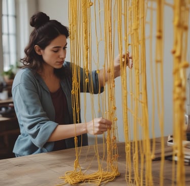 Una mujer creando un colgante de macramé blanco en su estudio.