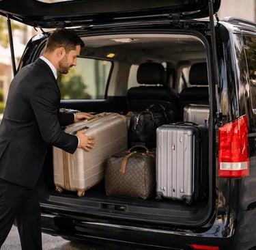 Chauffeur loading suitcases into the spacious trunk of a Mercedes-Benz Vito W447