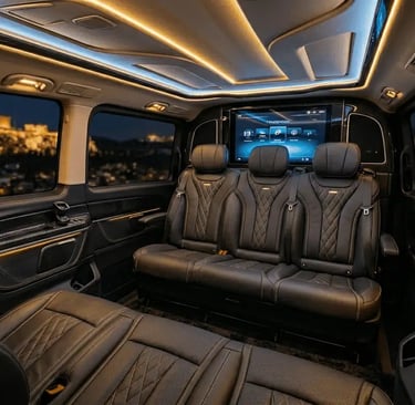 Luxury interior of Mercedes-Benz Vito with 8 leather seats and golden ambient lighting for group travel