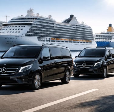 Luxury black Mercedes minivan at Piraeus Port for cruise ship passenger transfers