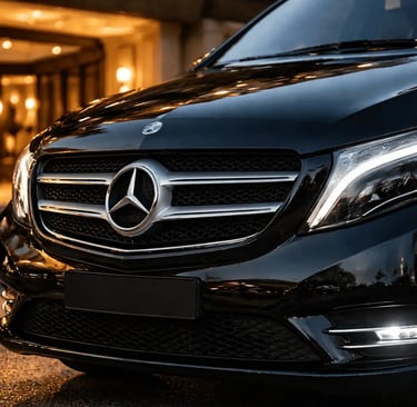 Front view of a premium black Mercedes-Benz Vito parked at a luxury hotel entrance in Athens