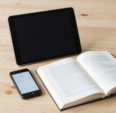 A colorful stack of digital e-books and study guides on a desk with a tablet