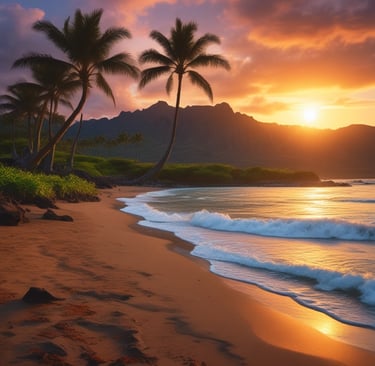 A vibrant beach sunset with travelers enjoying the calm sea and palm trees.