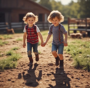 Smiling children enjoying a calm moment sitting on logs, surrounded by lush greenery.