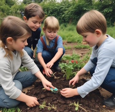 A group of children exploring a sensory-rich outdoor learning area filled with greenery.