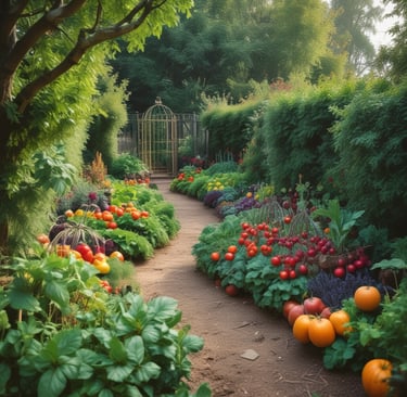Close-up of colorful vegetables growing vibrantly in neat rows surrounded by green foliage.