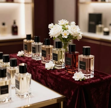 A luxurious and minimalist perfume bar setup in a chic Parisian boutique. Elegant glass bottles with black labels, white flowers like jasmine and roses, soft warm backlighting. The color palette features deep crimson, black velvet, and pure white. High-end lifestyle photography, France.
