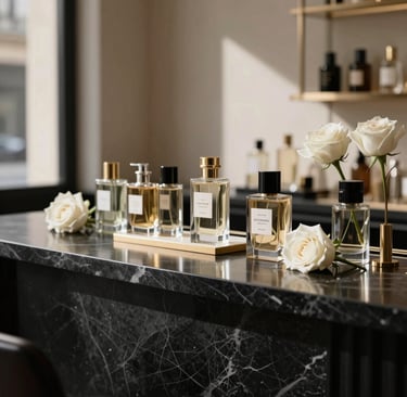 A high-end, editorial photograph of a minimalist luxury perfume bar setup at an exclusive Parisian venue. Elegant glass bottles with chic labels, white roses, and gold accents rest on a sleek black marble counter. Soft, dramatic side lighting casts long shadows, creating a sophisticated and clean aesthetic. Authentic France atmosphere.