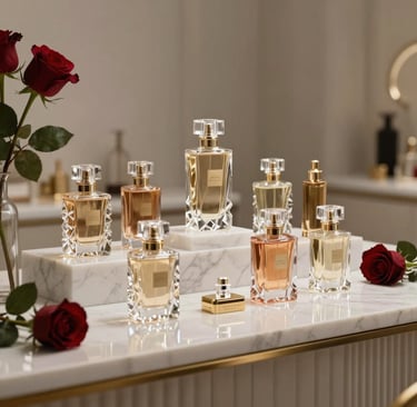 An elegant, luxurious perfume bar setup in France, surrounded by exquisite crystal bottles on a white marble counter, under dramatic soft lighting inspired by French haute parfumerie, with accents of dark red roses in a minimalist chic design.
