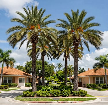 Lush tropical landscape with tall palm trees and residential homes under a bright blue sky, enhancing Florida real estate