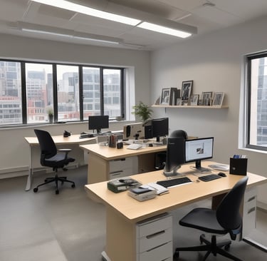 A tidy office space with organized desks and spotless floors, reflecting a professional and hygienic environment.