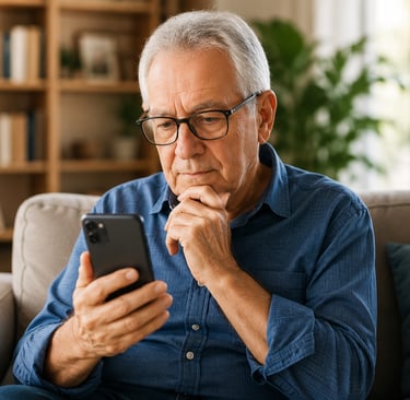 Idosa usando smartphone ilustrando os efeitos do uso excessivo do celular