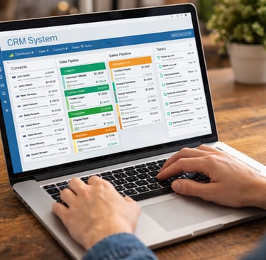 A person using a CRM system software on a laptop to manage sales pipelines and customer contacts.