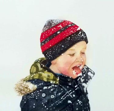 Little boy tasting falling snow flakes