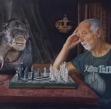 Man and ape playing chess