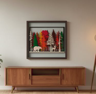 Wald-Silhouette Holzdeko – Handmade in Buchs SG, Schweiz. Farbenfrohe Waldlandschaft mit Tieren, 