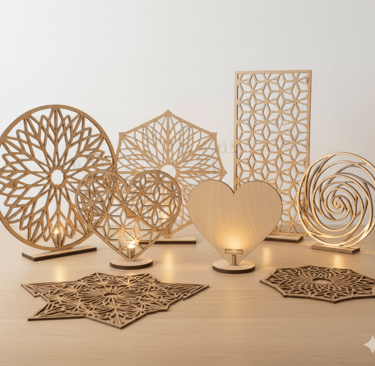 Handgemachte Holzdeko aus Buchs SG – geometrische Lichtmotive, Herzdesigns und personalisierte Holzg