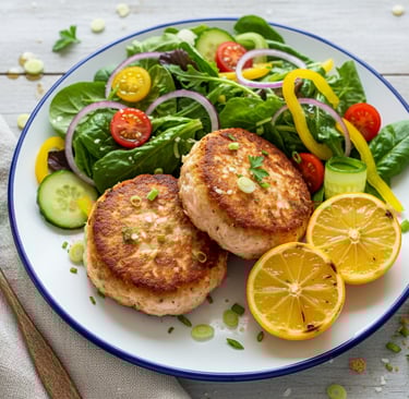 My plate of perfectly seared salmon patties with a salad