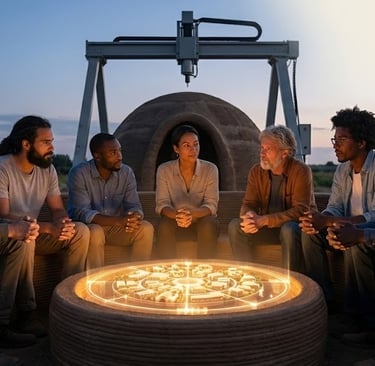 "Vertical concept art: Diverse visionaries sitting on a 3D-printed earth bench around a glowing holo