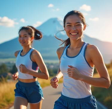 Two Japanese women runners smiling and running with Mount Fuji in the background.