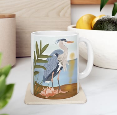 a mug cup with a heron bird on it