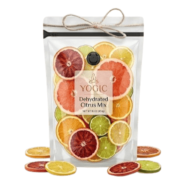 Yogic brand bag of dehydrated citrus mix slices including blood orange, lemon, and lime.