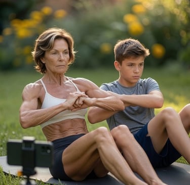 abs workout teen and grandmother in garden