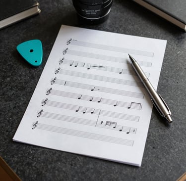 A flat lay photography shot of music notation paper and a professional silver pen on a dark charcoal desk. A bright turquoise plectrum sits nearby. The scene is set in a sunny, International / English-speaking home office environment.