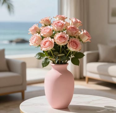 Cozy living room corner featuring a glowing 3D designed vase holding fresh flowers.