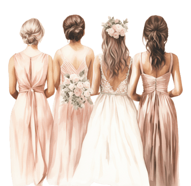 Watercolor illustration of a bride in a white gown and bridesmaids in pink dresses from behind.