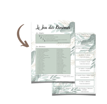 Elegant French wedding game stationery featuring Le Jeu des Binômes with botanical sage green leaves.