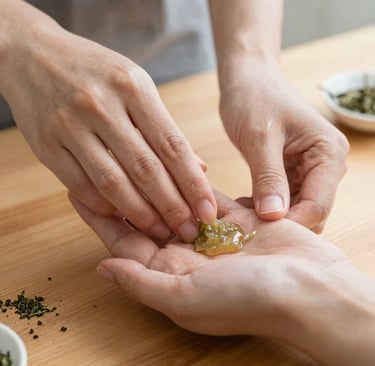 Artisan hands gently stirring a small pot of herbal balm over a warm wooden surface.
