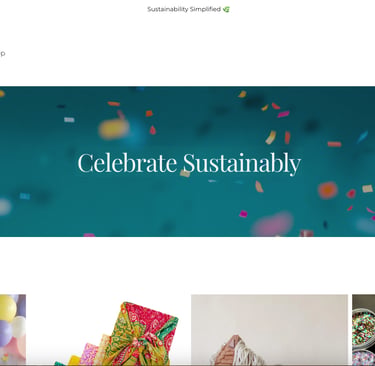 SmartBash website banner with colorful confetti and eco-friendly party supplies for sustainable celebrations.