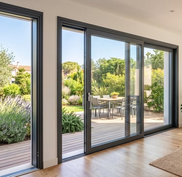 Puerta corredera panorámica de aluminio en salón con terraza, Murcia