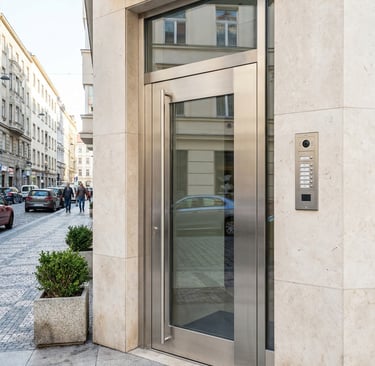 "Puerta de acceso de acero inoxidable para negocio, Murcia