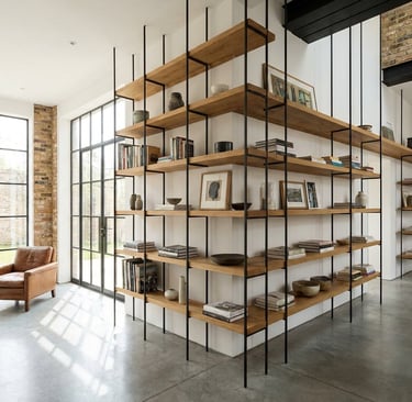 Estantería industrial de acero con libros y decoración, Murcia
