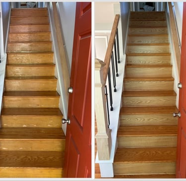 Hardwood floor refinished staircase with added risers, shoe mold, and cove