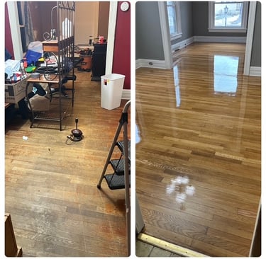 Before and after of refinished hardwood floors in dining room 