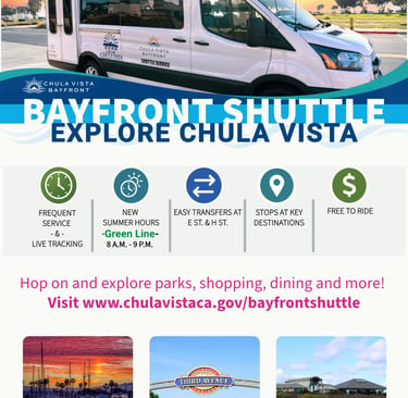 New summer hours are here for the Bayfront Shuttle’s Green Line! Explore Chula Vista with free, easy